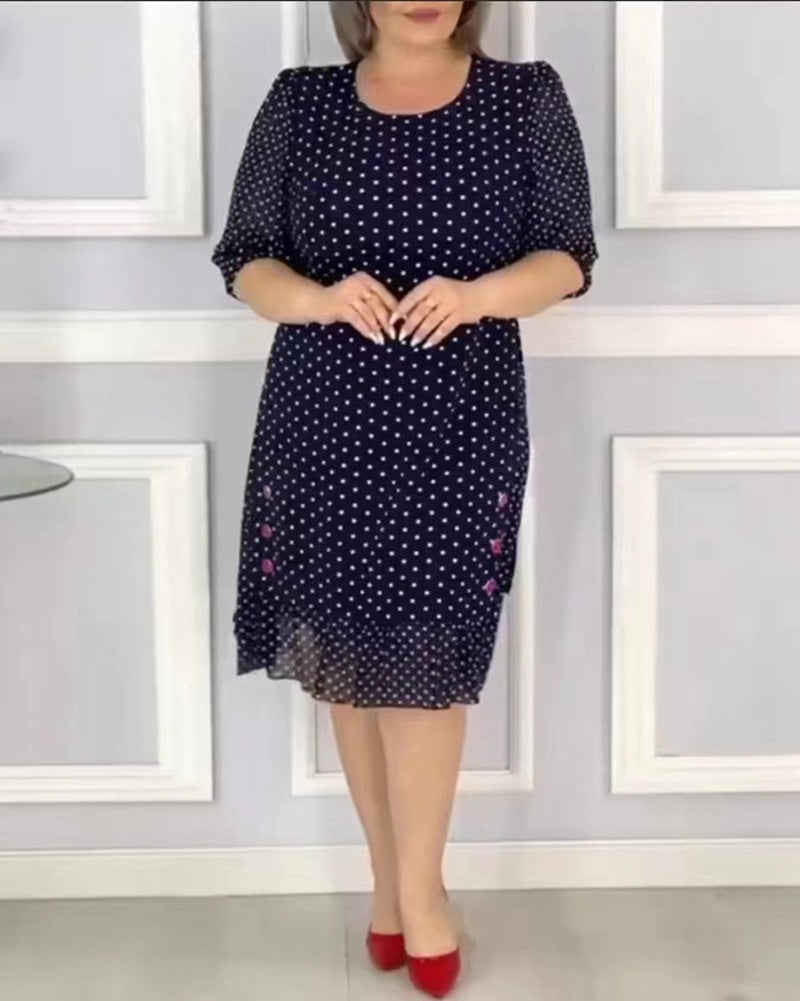 Damen nan Chiffon-Midikleid mit Pünktchenmuster, halblangen Puffärmeln, seitlicher Blumenstickerei und gerafftem Volantsaum R&B