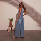 Damen Weitgeschnittene Denim-Latzhose mit Knopfdetails und regulierbarem Bund R&B