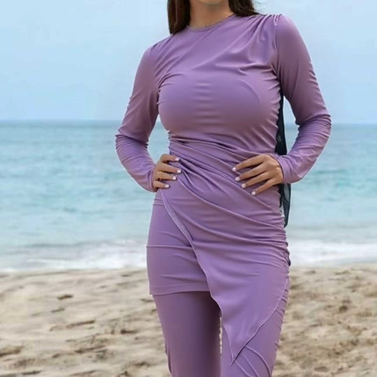 Damen Sportlicher Langarm-Badeanzug mit Wickeldesign R&B