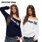 Damen nan lässiger Sweatpullover mit asymmetrischem Ausschnitt und typografischem Frontdruck R&B