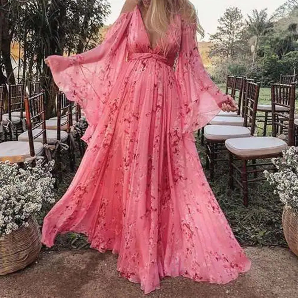 Damen Luftiges Maxi-Kleid mit floralen Akzenten und schwingenden Ärmeln R&B