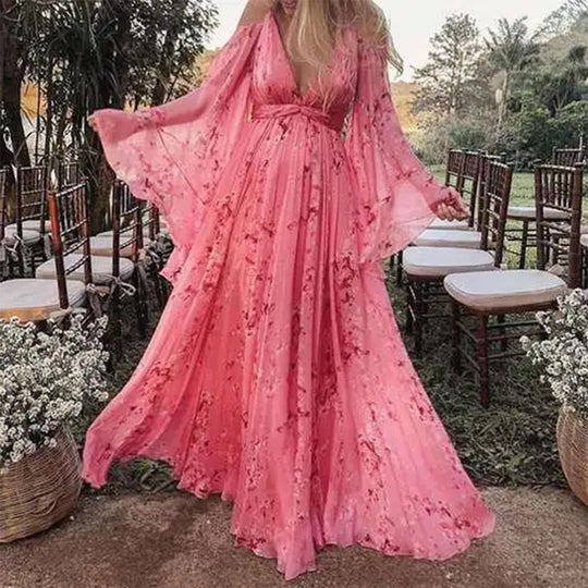 Damen Luftiges Maxi-Kleid mit floralen Akzenten und schwingenden Ärmeln R&B