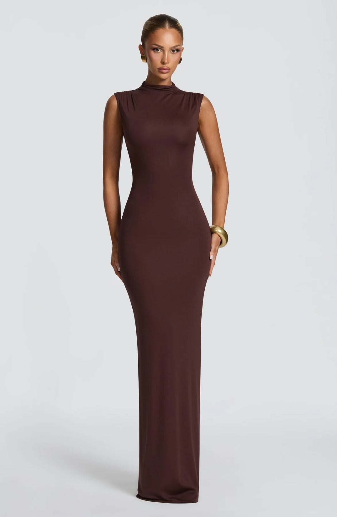 Damen Elegantes langes Kleid mit hohem Kragen und figurbetonter Silhouette R&B