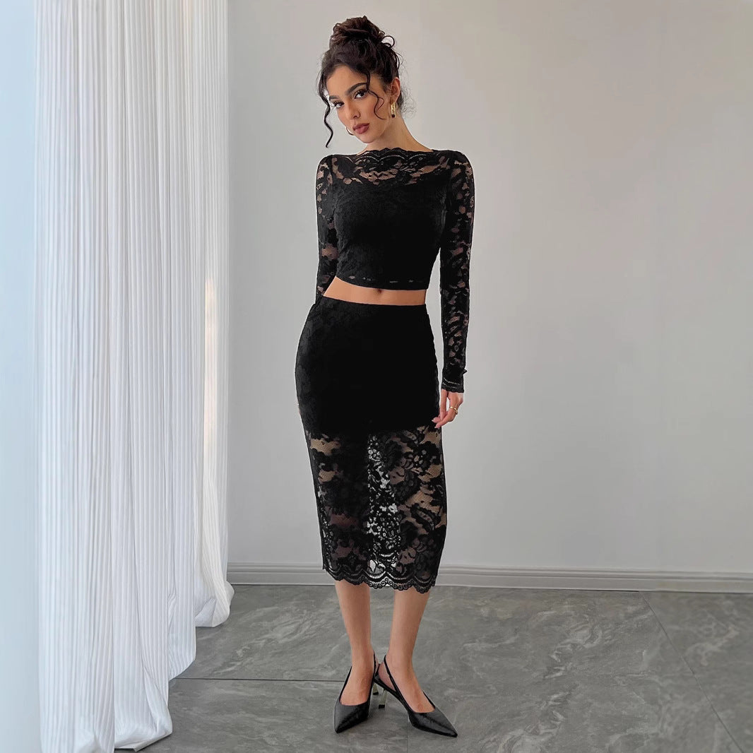 Damen Spitzenensemble mit langärmligem Crop-Top und figurbetontem Rock R&B