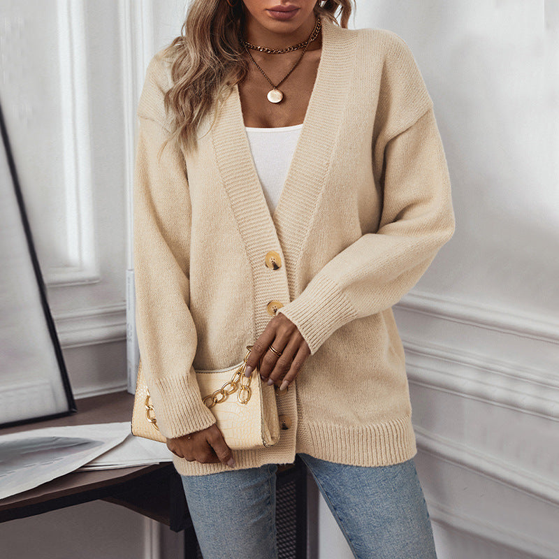 Damen gemütliche Strickjacke mit Knopfdetails und tiefem V-Ausschnitt