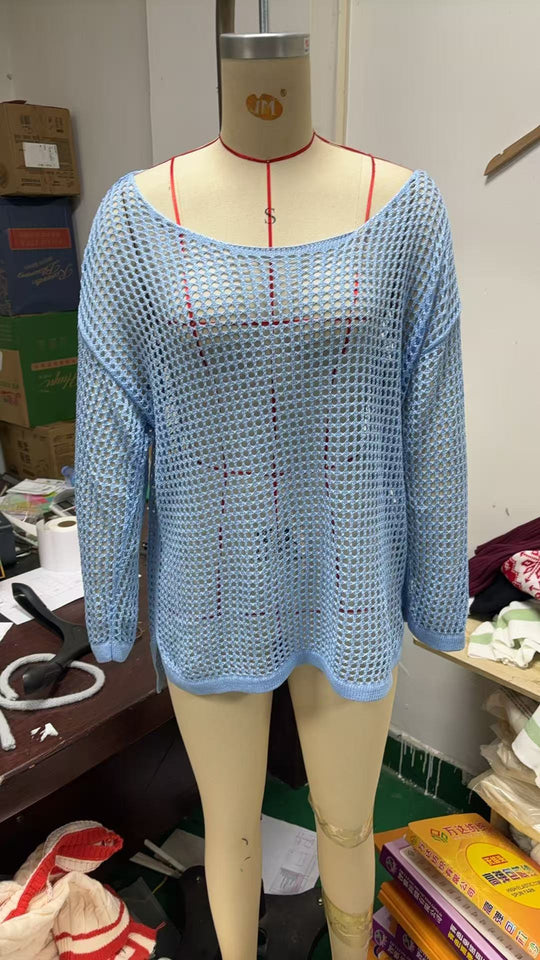 Damen lässiger Netzpullover mit weitem Schnitt und U-Boot-Ausschnitt R&B