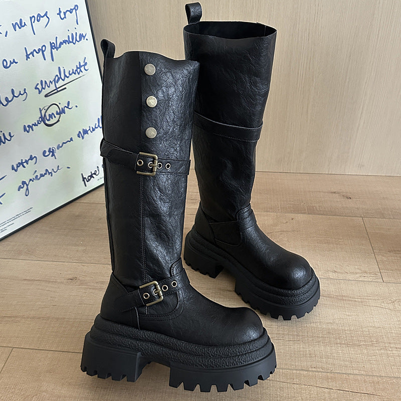 Damen hohe Stiefel mit modischem Schnallendesign und robustem Sohlenprofil R&B