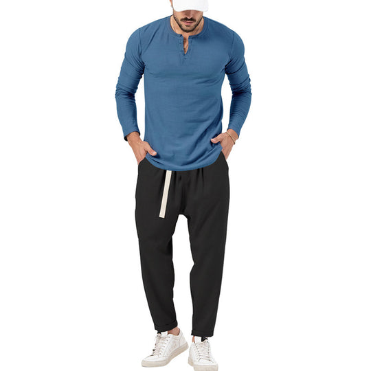 Herren lässiges Langarm-Henley-Shirt kombiniert mit eleganter Jogginghose R&B