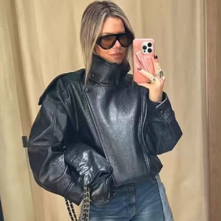 Damen nan oversize Kunstlederblouson mit hohem Stehkragen, asymmetrischer Druckknopfleiste, Schulterklappen und elastischem Saum R&B