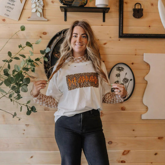 Damen nan lässiges Layer-T-Shirt mit Retro-Bandprint, Used-Optik und kariertem Mesh-Langarmtop R&B