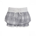 Damen modische Karostoff-Pyjama-Shorts mit Spitze und elastischem Bund R&B