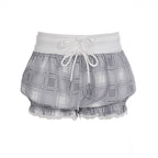 Damen modische Karostoff-Pyjama-Shorts mit Spitze und elastischem Bund R&B