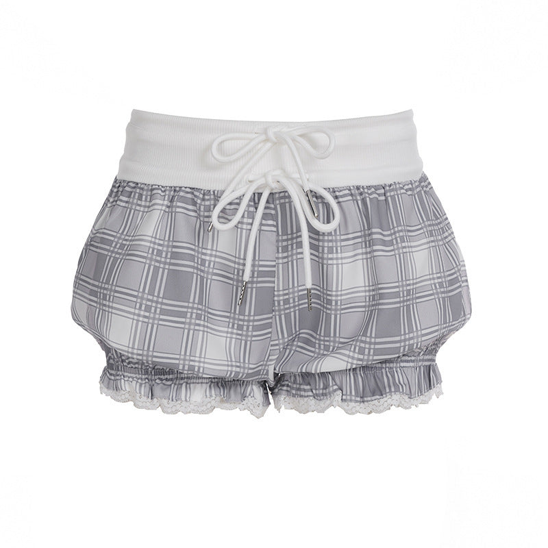 Damen modische Karostoff-Pyjama-Shorts mit Spitze und elastischem Bund R&B