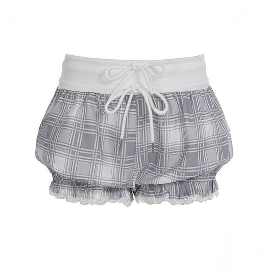 Damen modische Karostoff-Pyjama-Shorts mit Spitze und elastischem Bund R&B