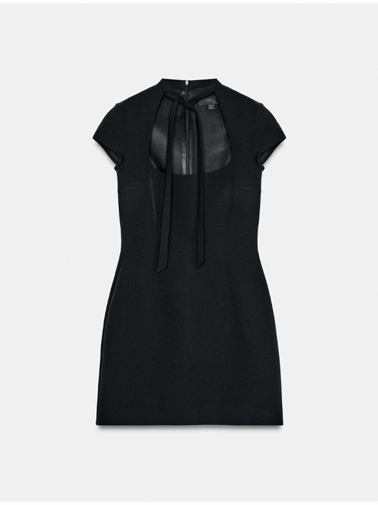 Damen elegantes Minikleid mit Hemdkragen und transparentem Einschnitt R&B