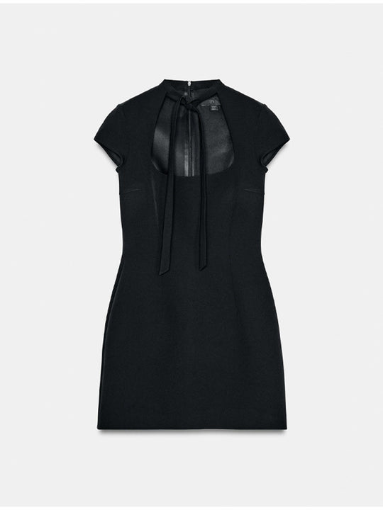 Damen elegantes Minikleid mit Hemdkragen und transparentem Einschnitt R&B