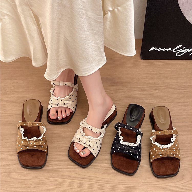 Damen elegante Slipper Sandalen mit Lochdesign und dekorativen Schleifen R&B