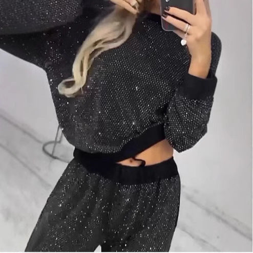 Damen Glitzerndes Freizeitset mit Cropped Sweater und bequemer Hose R&B