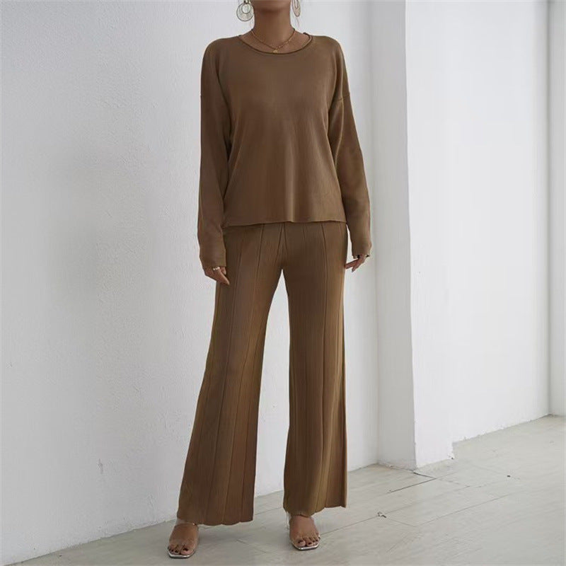 Damen lässiges und elegantes Strick-Loungewear-Set mit weitem Bein und feinen Rippenstrukturen R&B