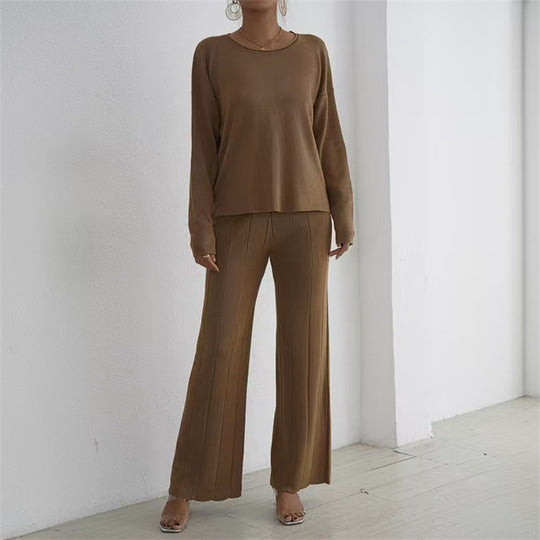 Damen lässiges und elegantes Strick-Loungewear-Set mit weitem Bein und feinen Rippenstrukturen R&B