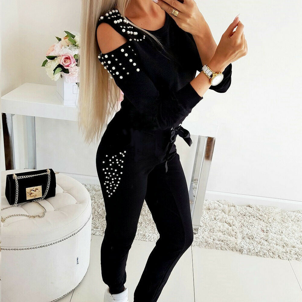 Damen eleganter Freizeitanzug mit schicken Cut-Outs und perlverzierten Ärmeln R&B