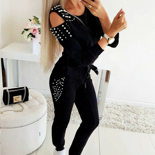Damen eleganter Freizeitanzug mit schicken Cut-Outs und perlverzierten Ärmeln R&B