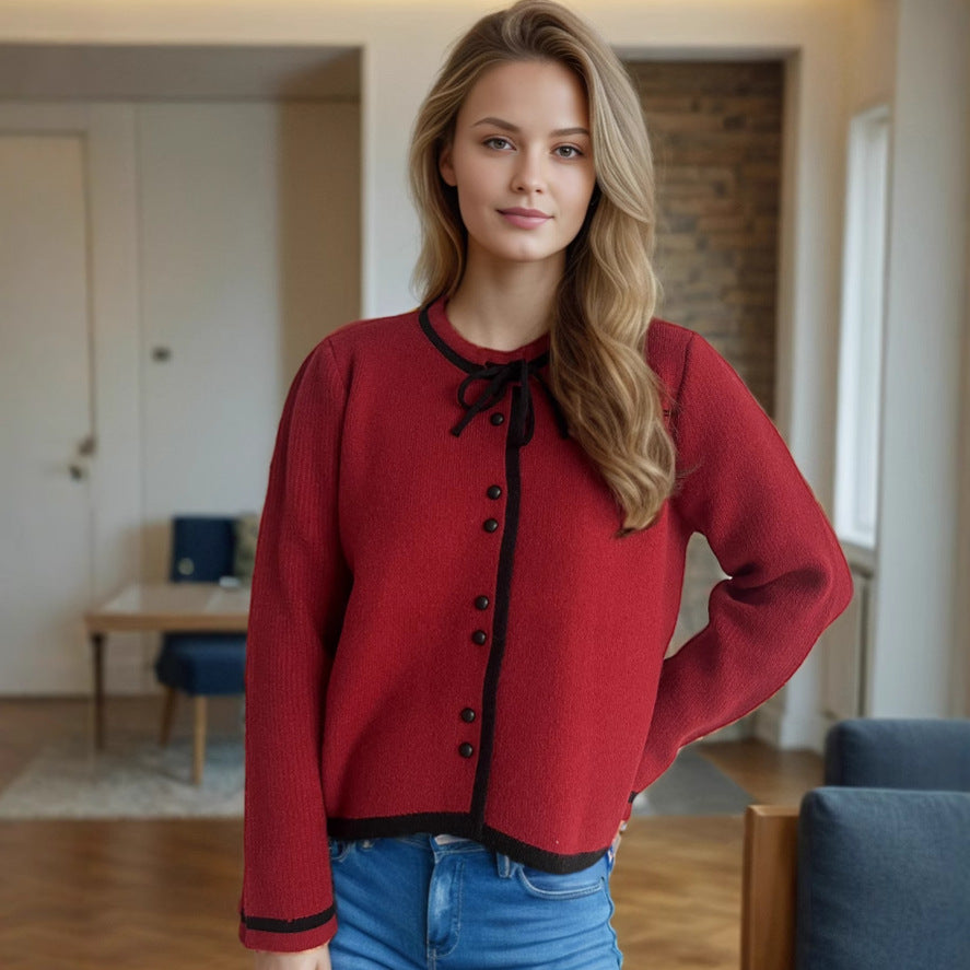 Damen kuschelige Strickjacke mit dekorativen Knopfdetails und Bindeverschluss R&B