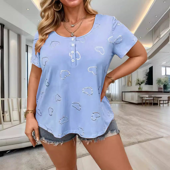 Damen lässiges T-Shirt mit romantischem Herzdesign und Knopfleiste R&B