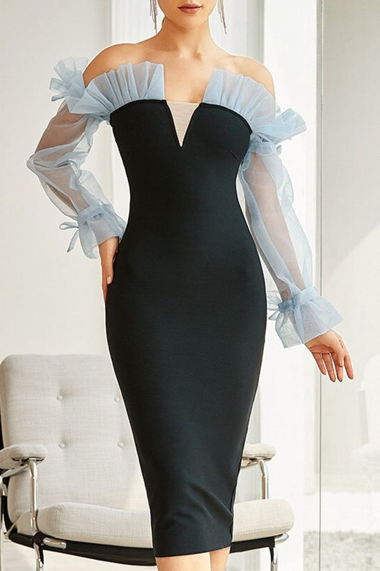 Damen Figurbetontes Cocktailkleid mit transparenten Puffärmeln und elegantem V-Ausschnitt R&B