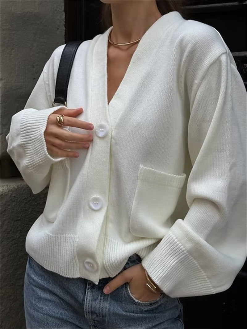 Damen lässiger Strickcardigan mit großen Taschen und Knopfverschluss R&B