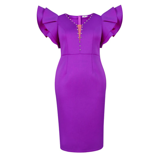 Damen elegantes figurbetontes Kleid mit auffälligen Rüschenärmeln und funkelnden Knöpfen R&B