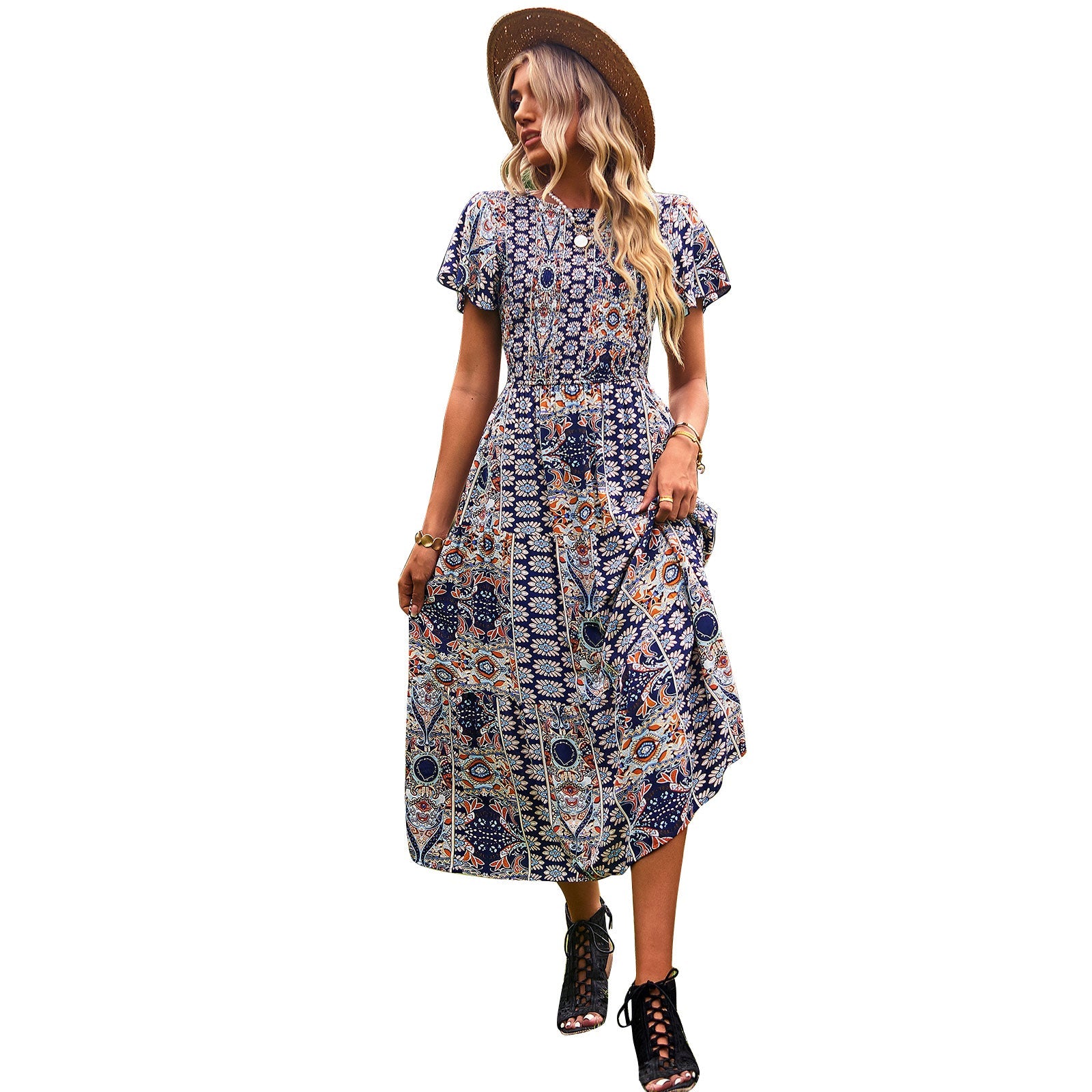 Damen Maxikleid mit floralem Muster und elastischem Tailleneinsatz R&B