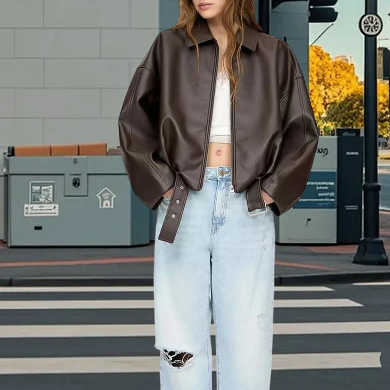 Damen Oversized Kunstlederjacke mit flauen Schultern und praktischen Druckknöpfen R&B