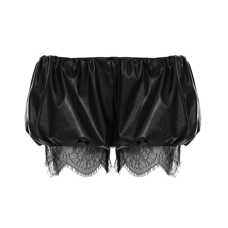Damen Kunstleder-Shorts mit dekorativen Knopfdetails R&B