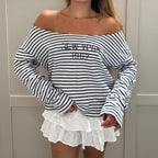 Damen Oversized Streifenpullover mit offenem Ausschnitt und lässigen Ärmeln