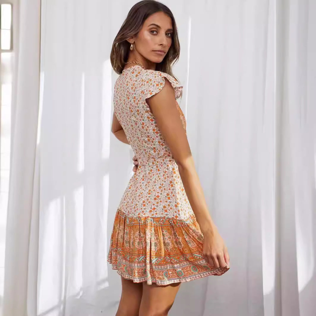 Damen floral gemusterte Sommerkleid mit V-Ausschnitt und Rüschensäumen R&B