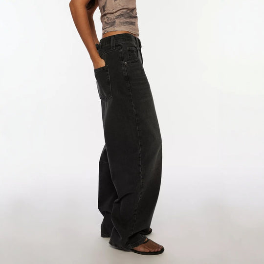 Damen lässige weite Jeans mit hoch geschnittenem Bund und seitlichen Taschen R&B