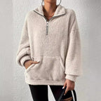 Damen kuscheliger Fleece-Pullover mit halbem Reißverschluss und Seitentaschen