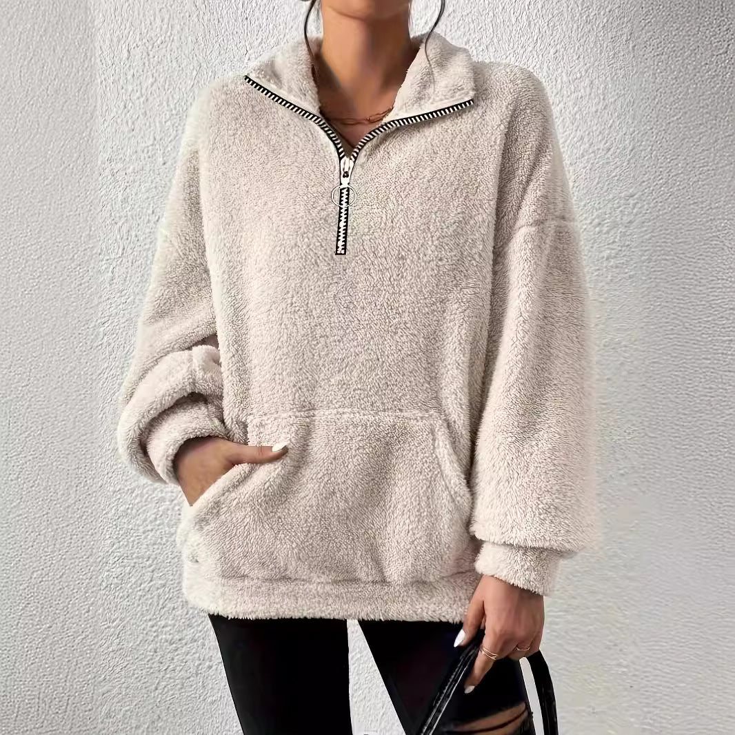 Damen kuscheliger Fleece-Pullover mit halbem Reißverschluss und Seitentaschen