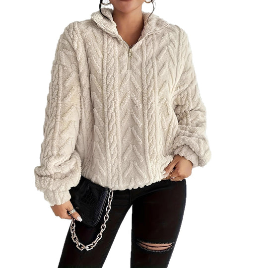 Damen Kuscheliger Fleece-Pullover mit hohem Kragen und Zipper-Detail R&B