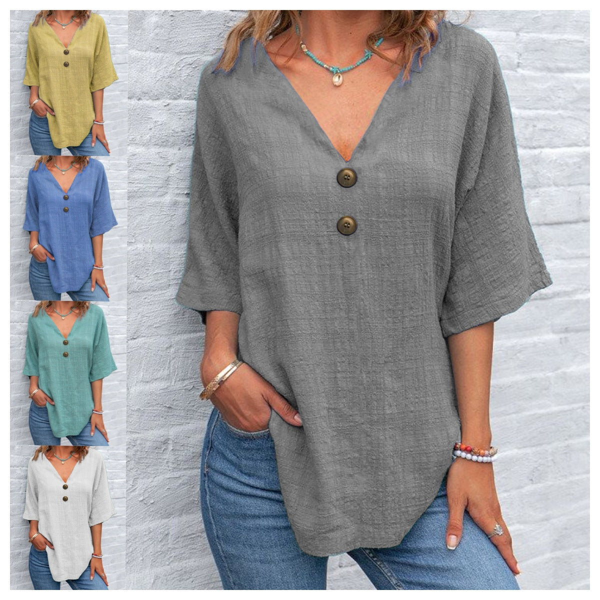 Damen V-Ausschnitt Bluse mit dekorativen Knöpfen und lässigem Schnitt