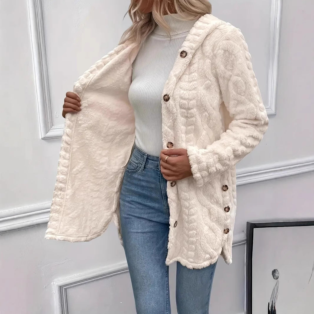 Damen Plüschjacke mit Kapuze und Knopfverschluss R&B