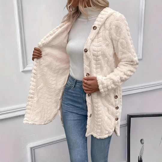 Damen Plüschjacke mit Kapuze und Knopfverschluss R&B