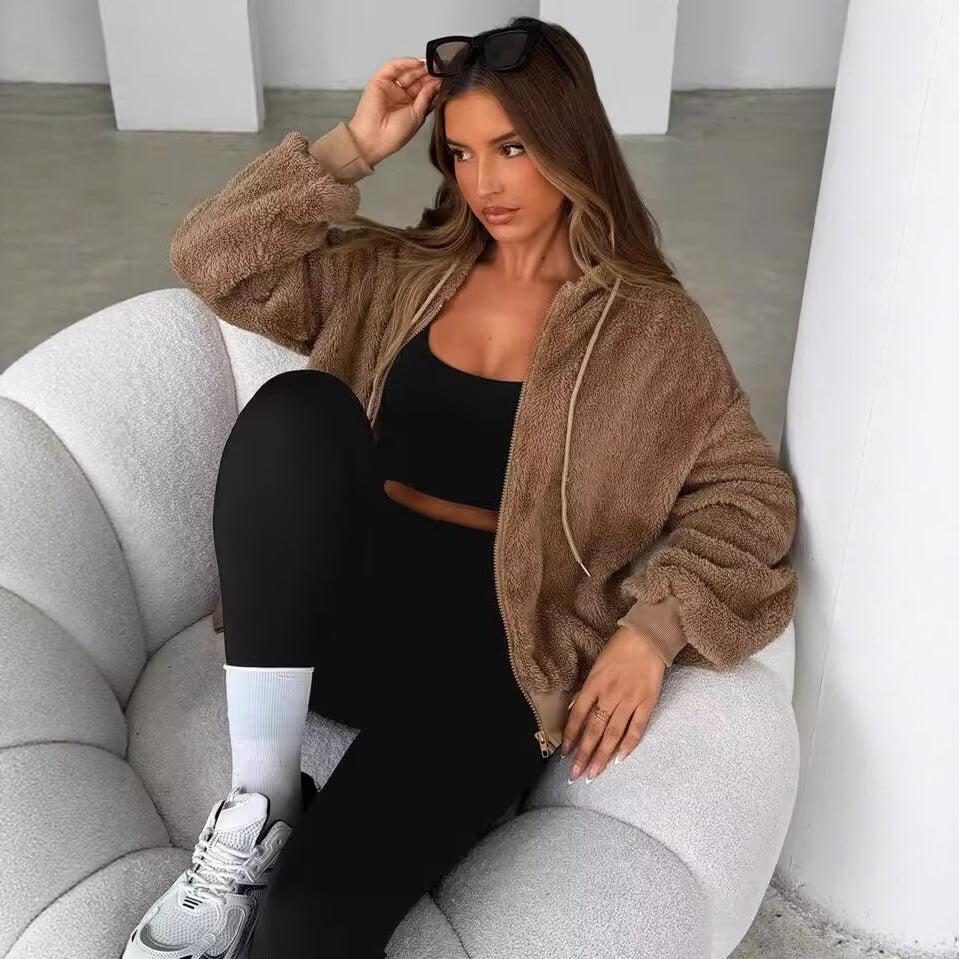 Damen Teddy-Fleecejacke mit Kapuze und elastischen Bündchen R&B