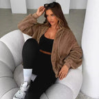 Damen Teddy-Fleecejacke mit Kapuze und elastischen Bündchen R&B