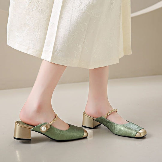 Damen Elegante Absatzmules mit perlverziertem Riemen und changierender Oberfläche R&B