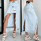 Damen Jeansrock mit asymmetrischem Schnitt und fransigen Details R&B