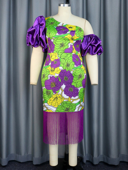Damen Elegantes Schulterfreies Kleid mit voluminösen Puffärmeln und Fransen R&B