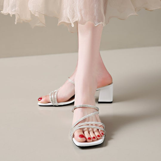 Damen elegante Sandalen mit funkelndem Riemen und Blockabsatz R&B