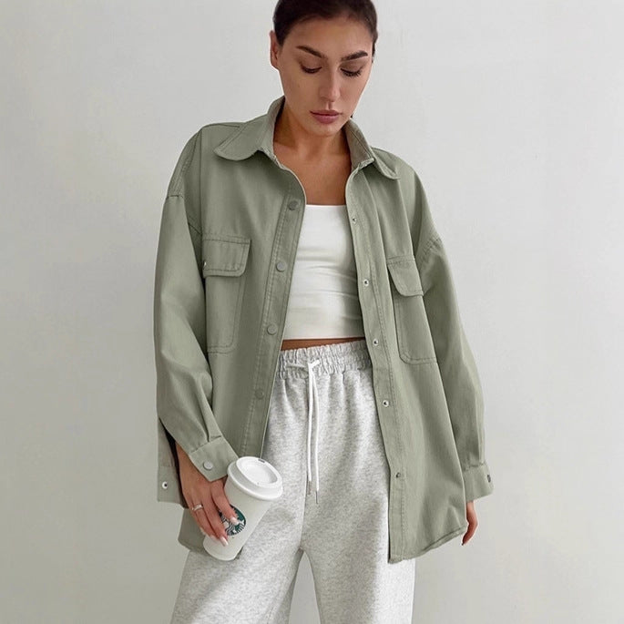 Damen Oversized Utility-Hemdjacke mit praktischen Taschen und lässigem Schnitt R&B